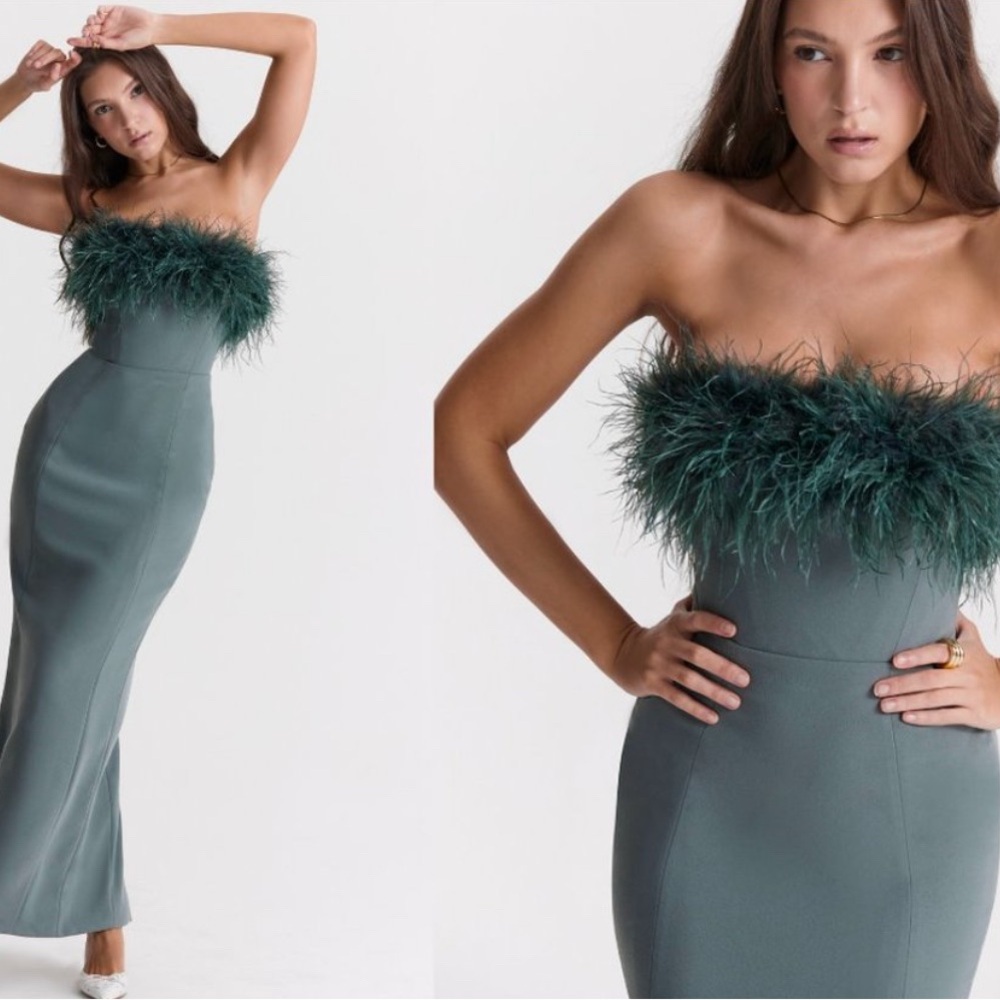 Elegant Strapless Green Feather Dress
